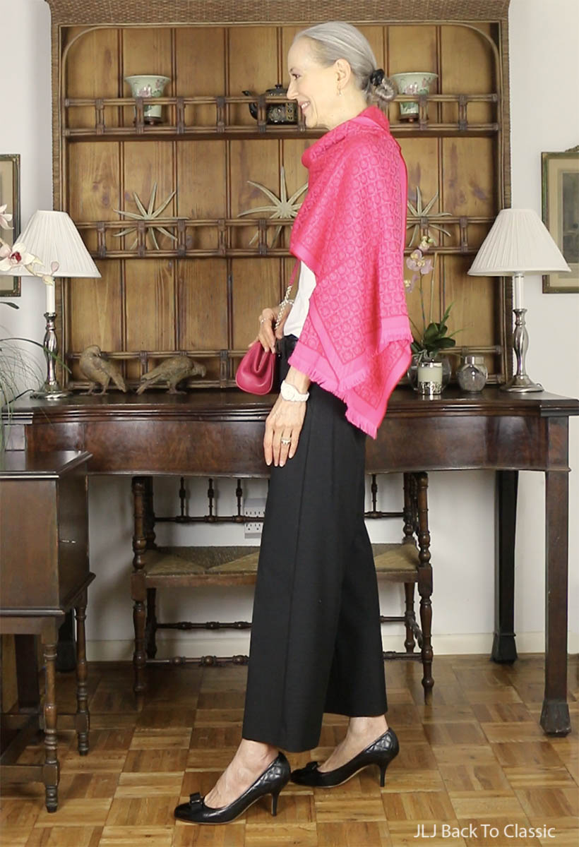 salvatore-ferragamo-pink-minibag-scarf-black-pants-white-tee-classic-style-over-50-jljbacktoclassic