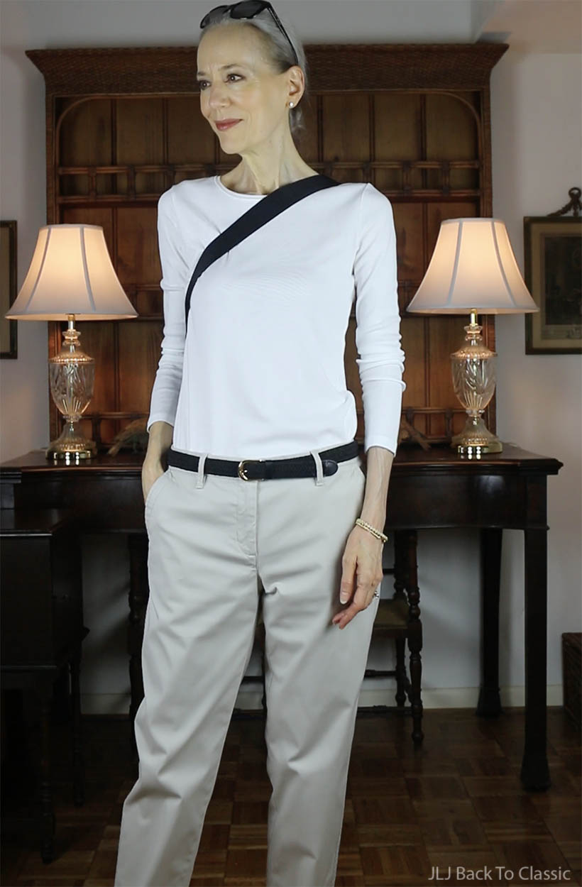 classic style over 50 talbots white long-sleeve tee and relaxed chinos jljbacktoclassic