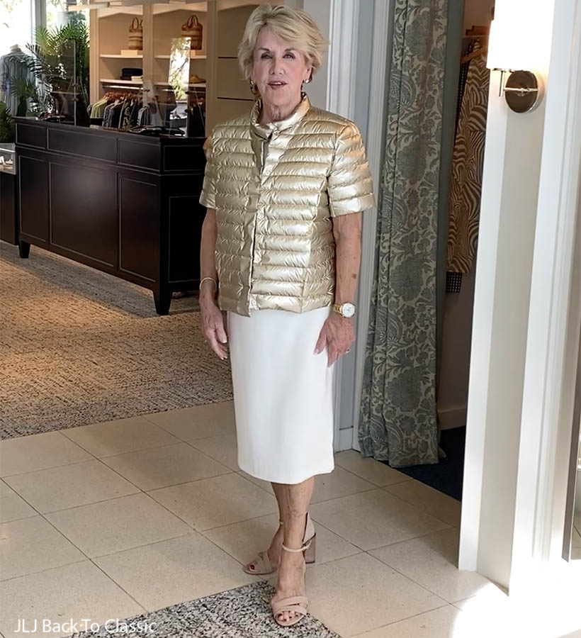 J.McLaughlin Naples FL Store Try On White Shift Dress Gold Short Sleeve Puffer Jacket