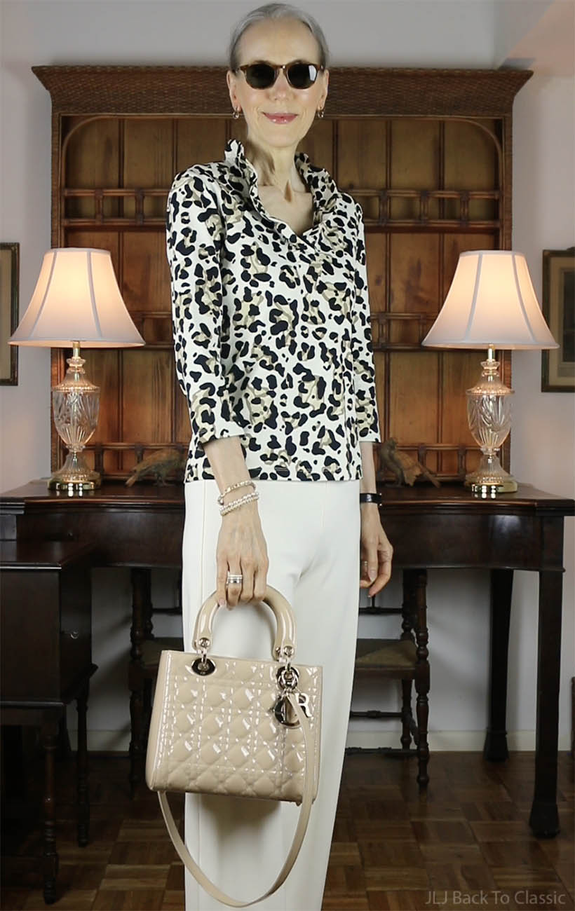 classic style Beige Patent Lady Dior Bag, animal print ruffle Top,Ivory Pant