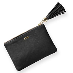 mark and graham black leather tassel zipper pouch, with monogram