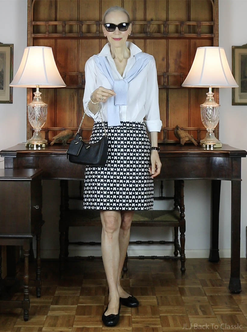 classic style prada 2005 re-edition bag, white shirt, black, white skirt, ballet flats
