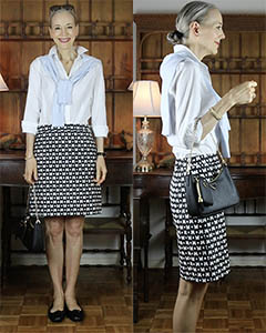 classic style prada 2005 re-edition bag, white shirt, black, white skirt, ballet flats IGShop