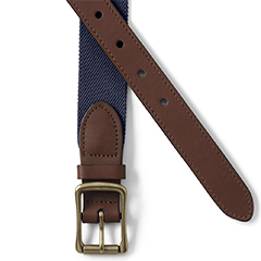land's end navy elastic woven belt with brown leather