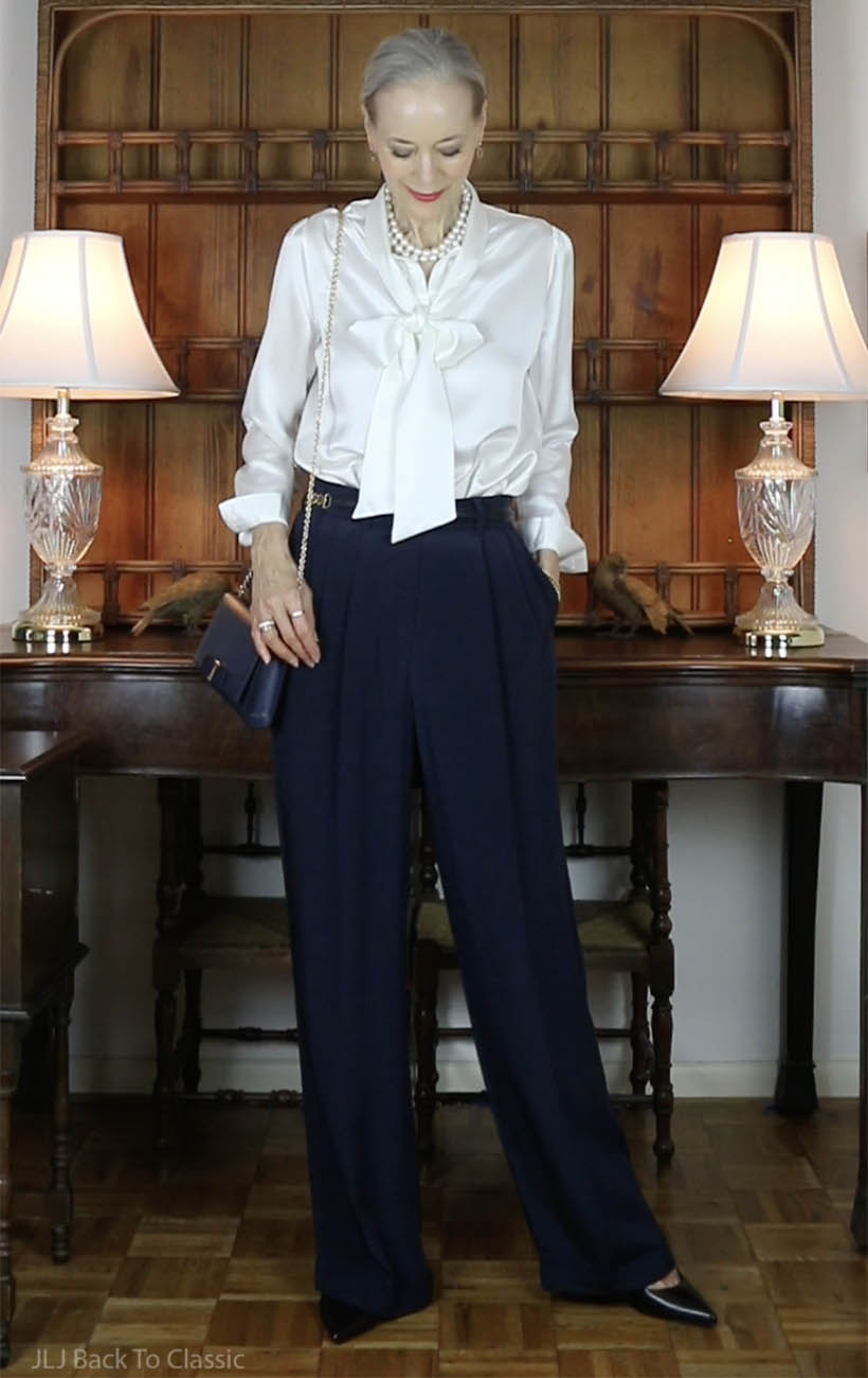 timeless fashion classic silk bow blouse, navy silk trousers, ferragamo vara bow bag 2
