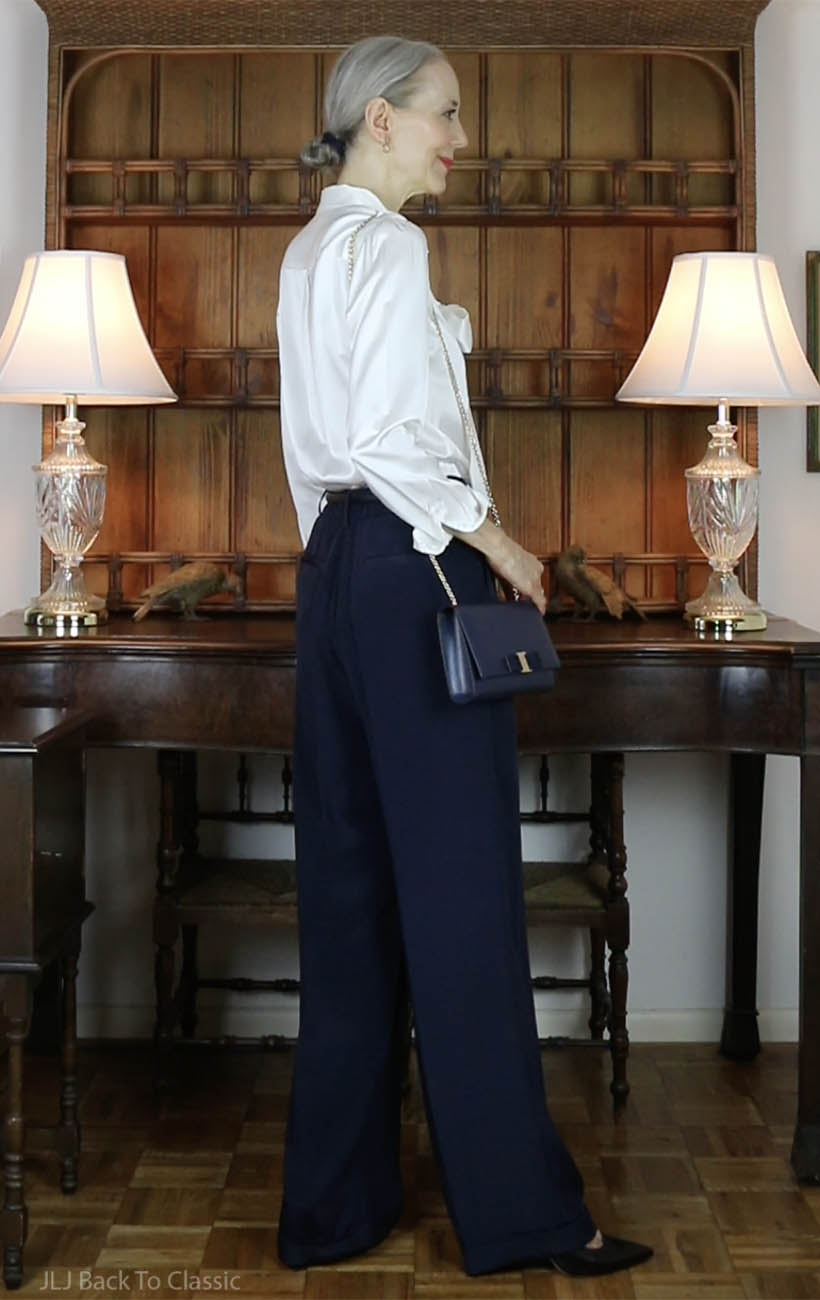 timeless-fashion-classic-silk-bow-blouse-navy-silk-trousers-ferragamo-vara-bow-bag