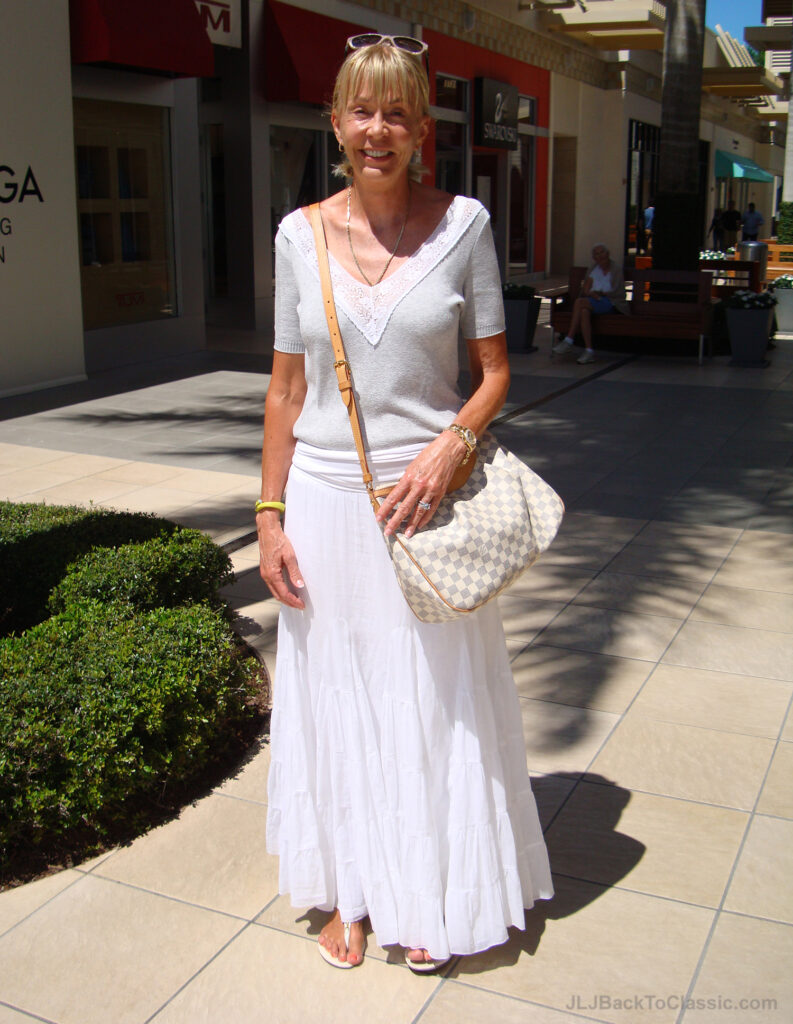 Classic-Fashion-Over-60-White-Maxi-Skirt-Grey-Tee-Louis-Vuitton-Bag
