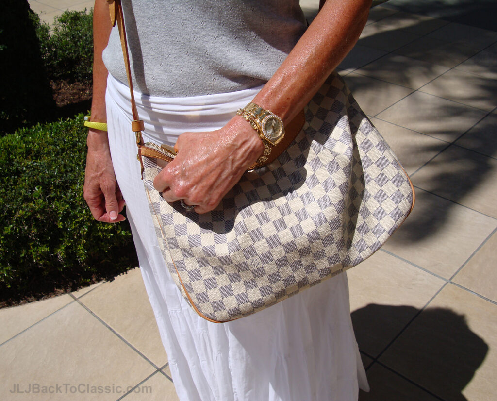 2-Classic-Fashion-Over-60-White-Maxi-Skirt-Grey-Tee-Louis-Vuitton-Bag