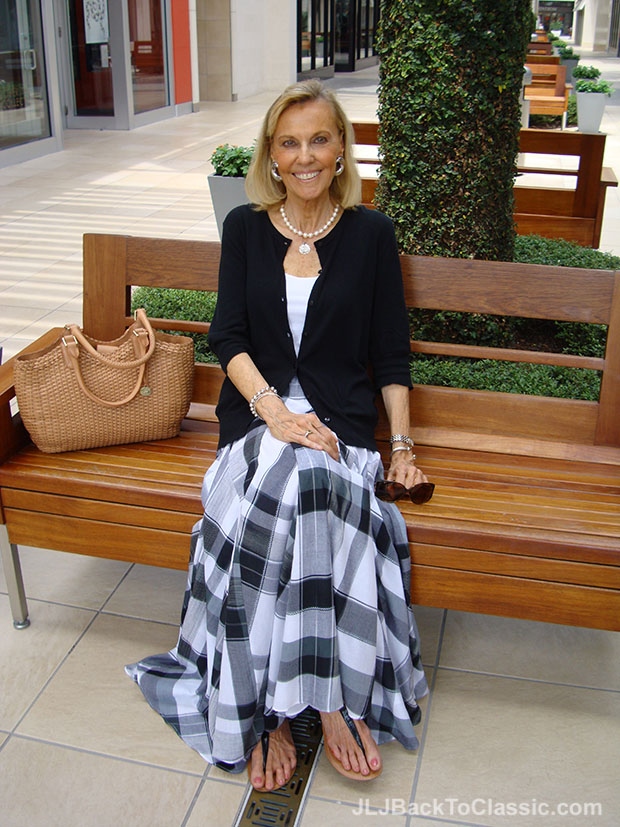 Soft-Surroundings-Plaid-Skirt-and-Cardigan-With-T-Strap-Sandals