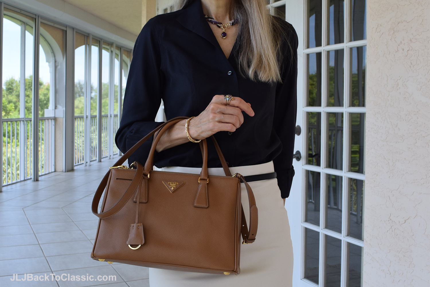 Black Button-Up Shirt, Ivory Pencil Skirt, and Cognac Pumps and
