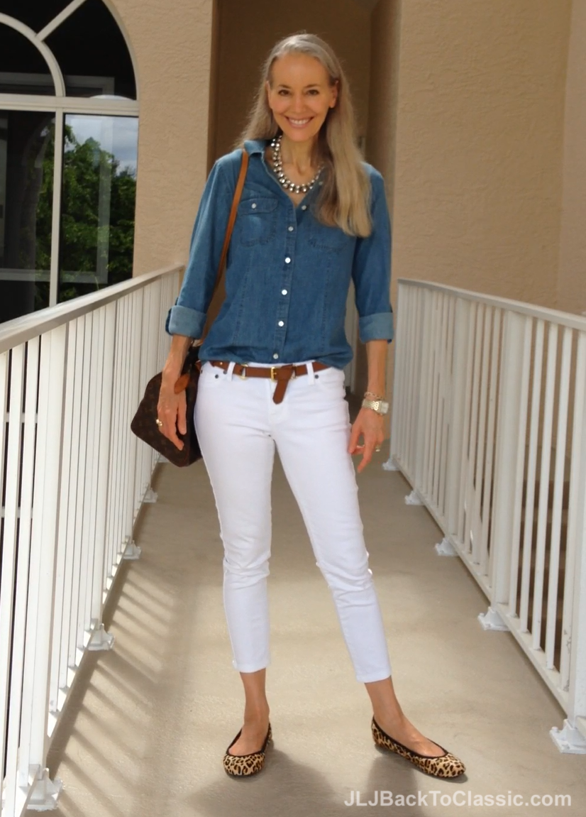 Video) Denim Button-Up Shirt, White Skinny Jeans, Leopard Flats, Louis  Vuitton Speedy 30 – JLJ Back To Classic/