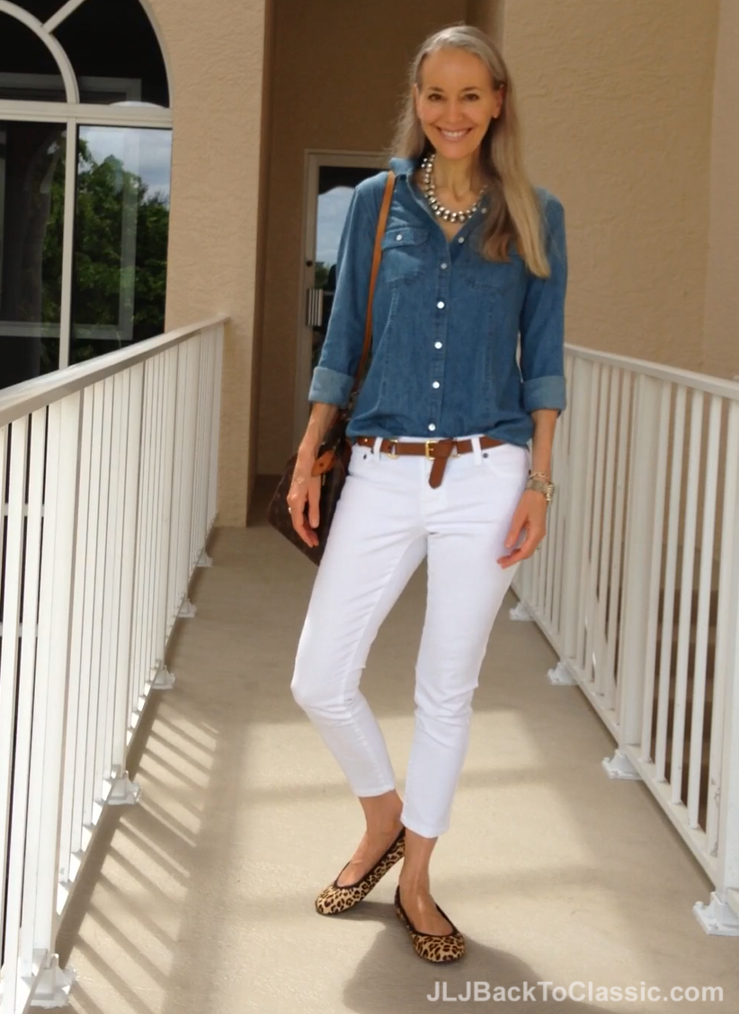 Video) Denim Button-Up Shirt, White Skinny Jeans, Leopard Flats
