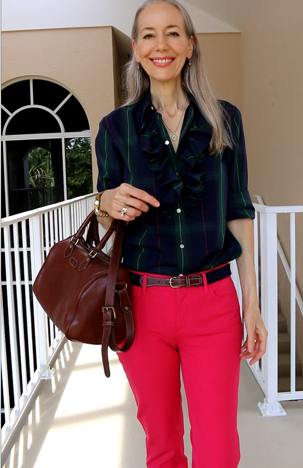 Ralph-Lauren-Ruffle-Shirt-and-Leather-Satchel-Fashion-Over-40-Over-50