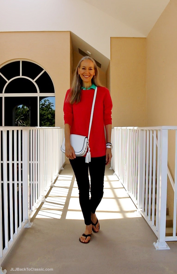 Fashion-Over-50-Talbots-Coral-Sweater-Navy-Leggings-Kate-Spade-White-Crossbody