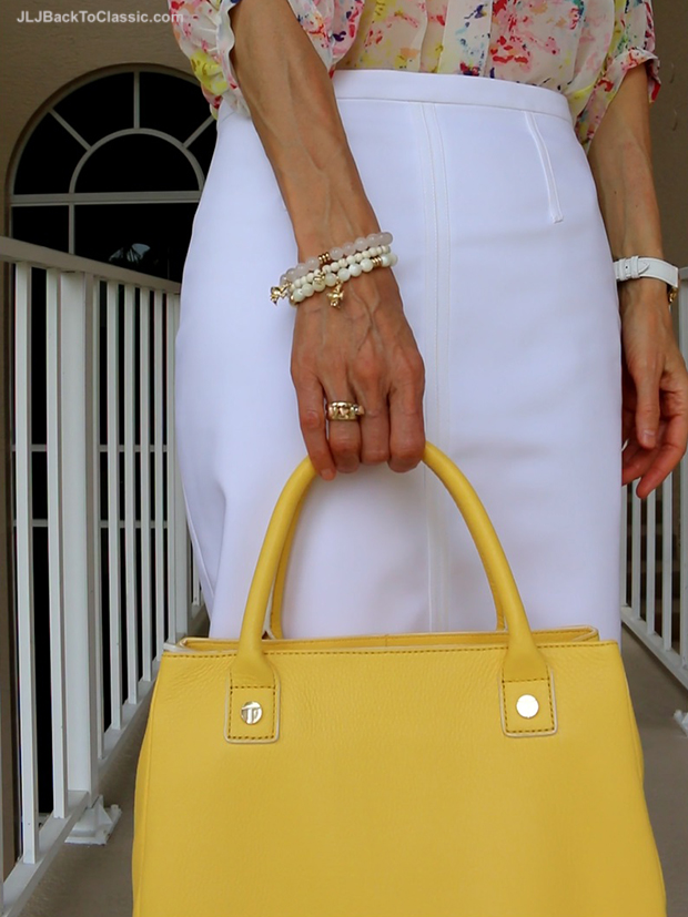 Talbots-Bracelets-and-Yellow-Leather-Top-Handle-Bag-Ann-Taylor-White-Pencil-Skirt