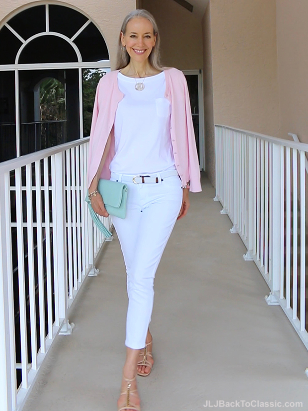Classic-Fashion-Over-40-Pink-Talbots-Cardigan-White-Jeans-Gigi-NY-Azure-Clutch