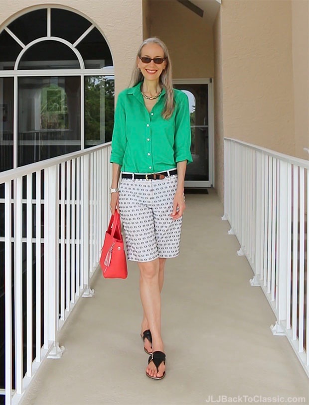 Classic-Fashion-Over-40-Over-50-Emerald-J-Crew-Shirt-Ann-Taylor-Shorts-Coral-Bag