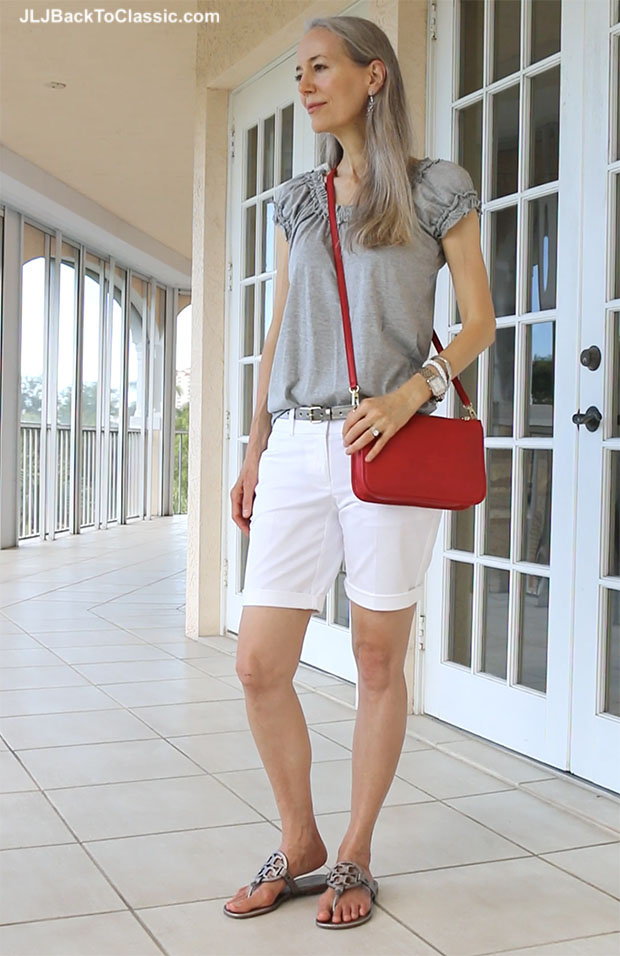 Classic-Fashion-Over-40-Gray-Red-And-White-Shorts-Outfit