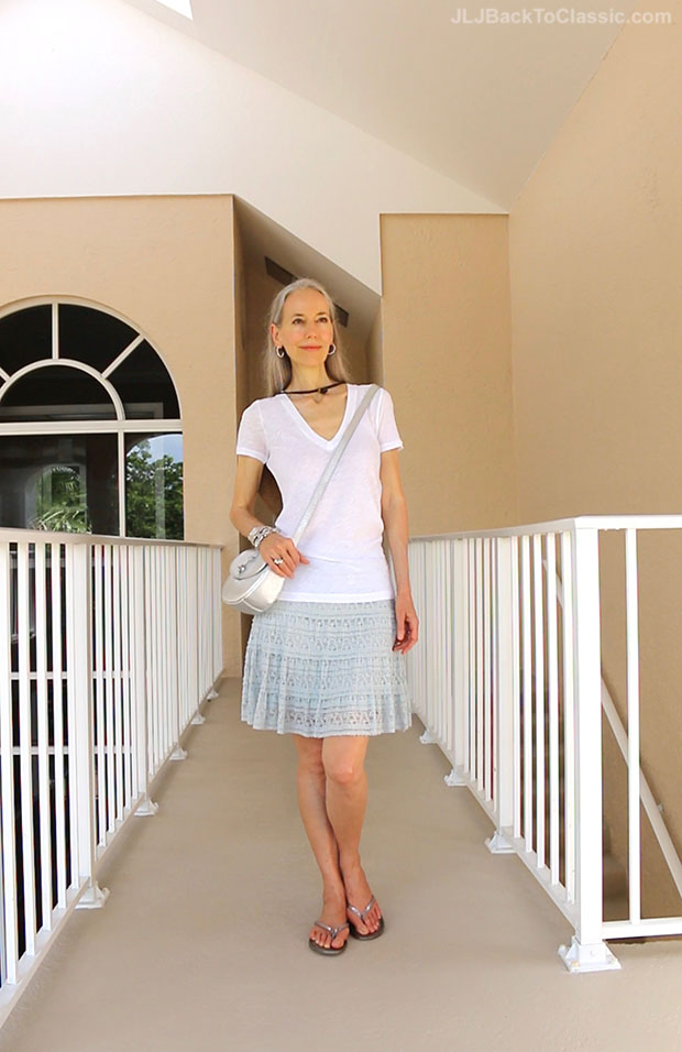 Classic-Fashion-Over-40-White-J.-Crew-Tee-Blue-Lace-Skirt-Talbots-Silver-Crossbody