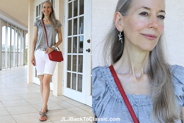 Classic-Fashion-Over-40-Gray-Red-And-White-Shorts-Outfit