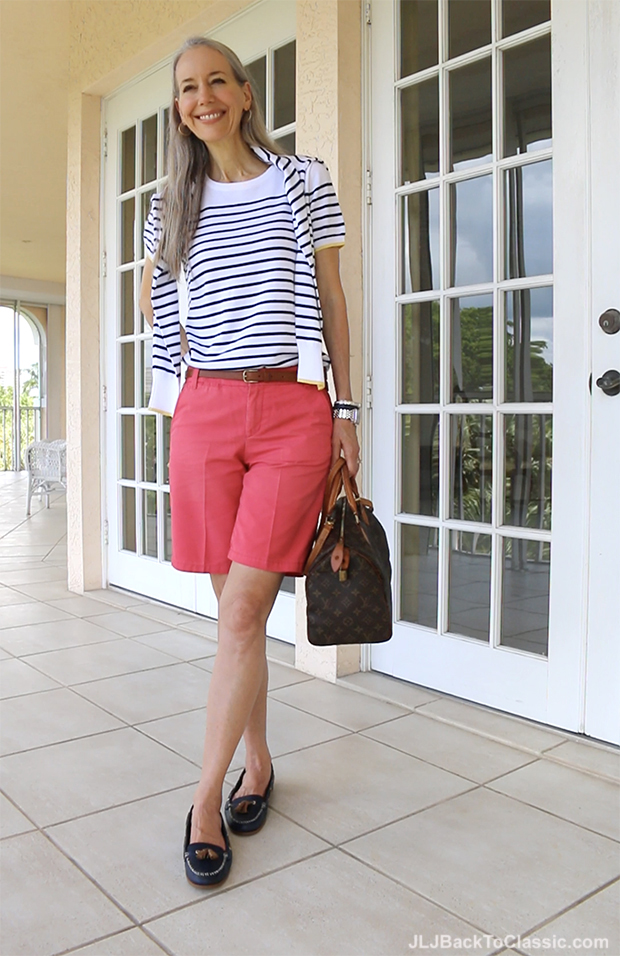 Classic-Fashion-Over-40-50-Lands-End-Striped-Cardigan-Coral-Shorts-Speedy
