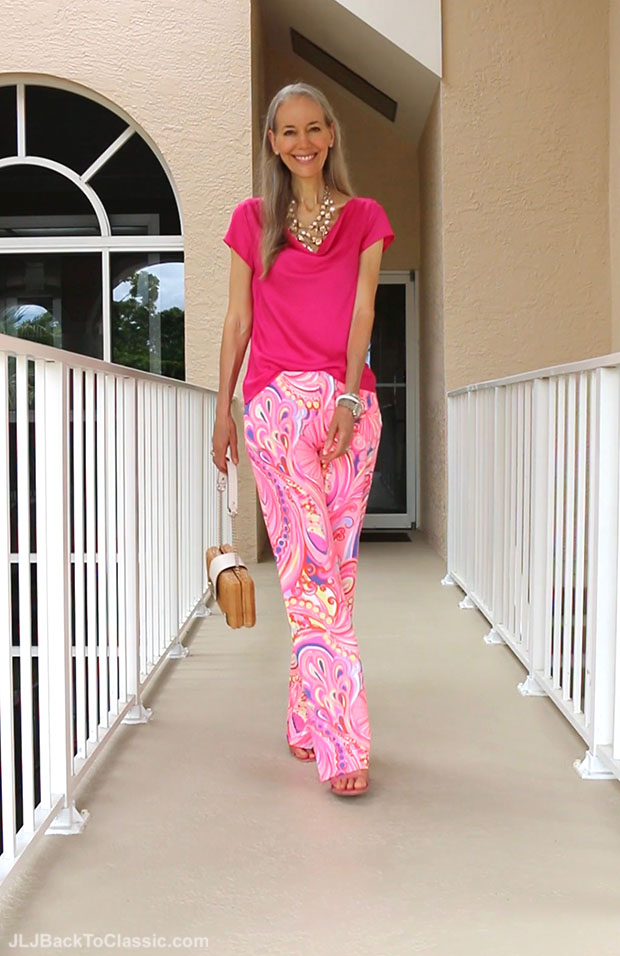 Classic-Beauty-Over-50-Pink-Ann-Taylor-Top-Lilly-Pulitzer-Palazzo-Pant