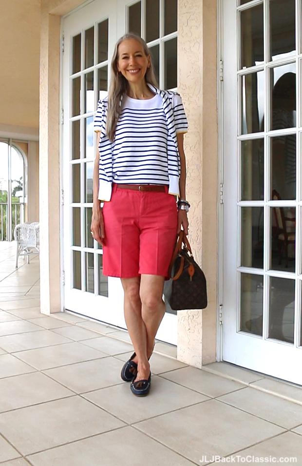Classic-Fashion-Over-40-50-Lands-End-Striped-Cardigan-Coral-Shorts-Speedy