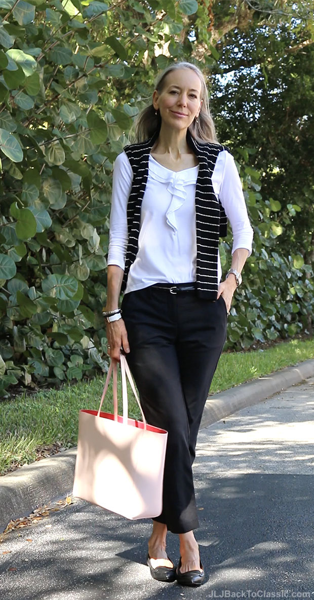 classic-fashion-over-40-black-ankle-pants-striped-sweater-white-ruffle-tee