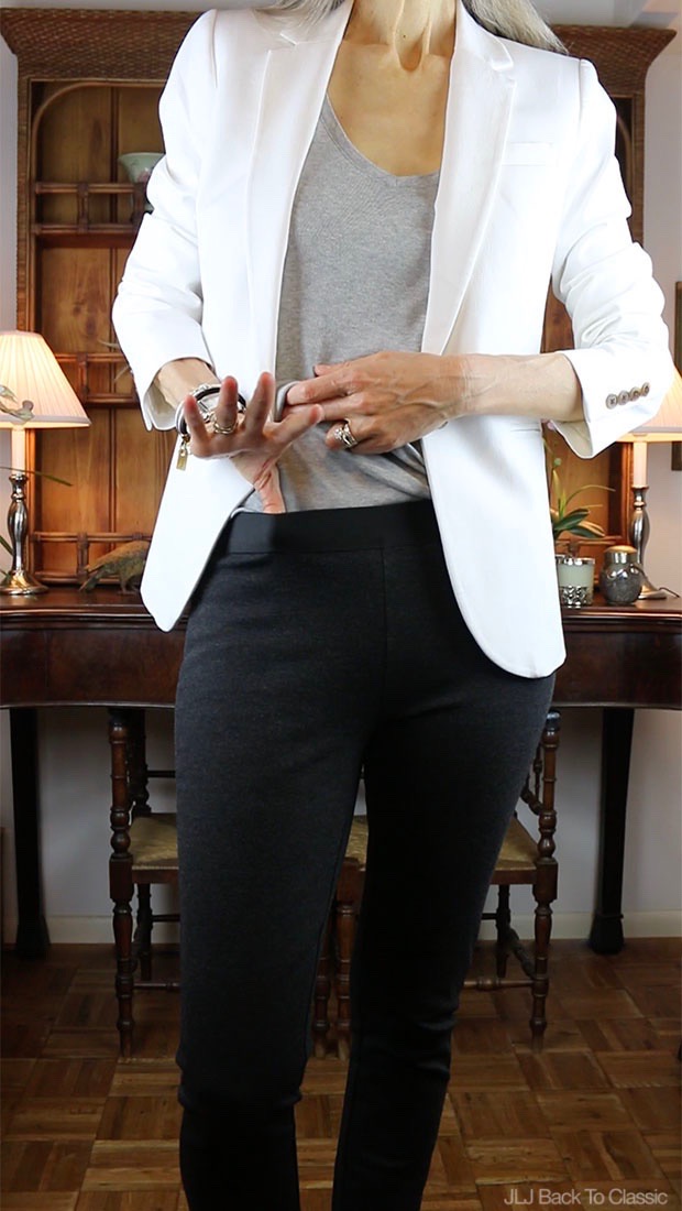 Classic-Fashion-Over-40-J-Crew-White-Cambell-Blazer-Charcoal-Pixie-Pant