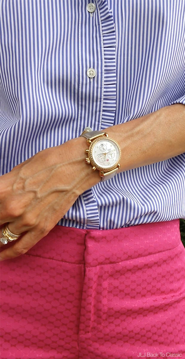 Classic-Preppy-Fashion-Over-40-Striped-Blue-Shirt-Michele-CSX-Gold-Watch