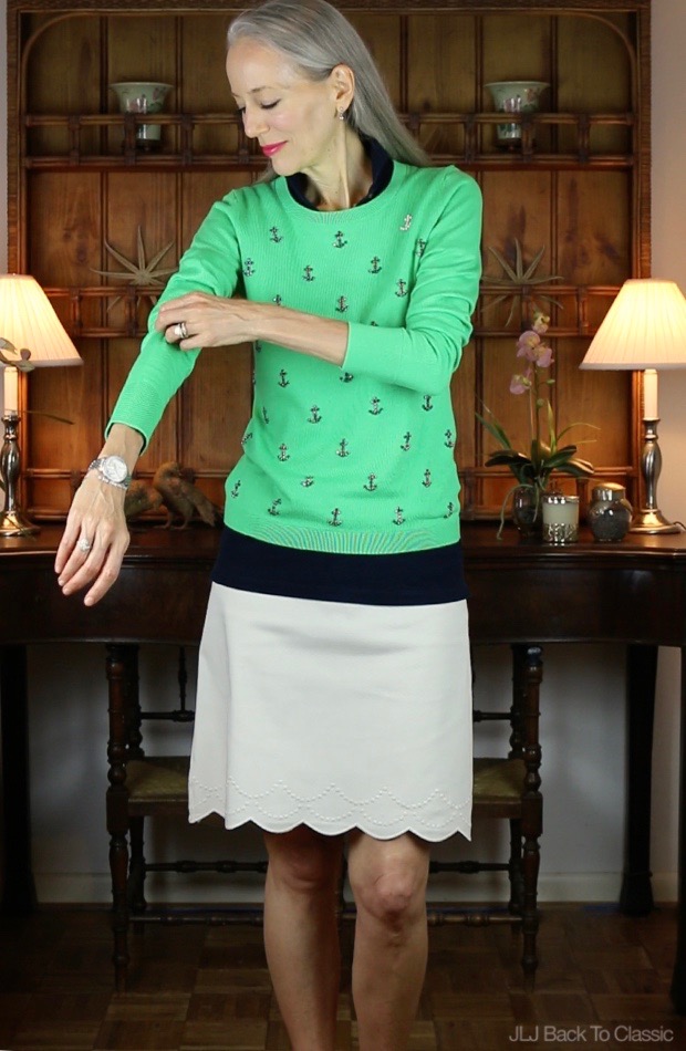 Classic-Fashion-Style-Over-40-50-Talbots-Rhinestone-Anchor-Sweater-Scallop-Skirt