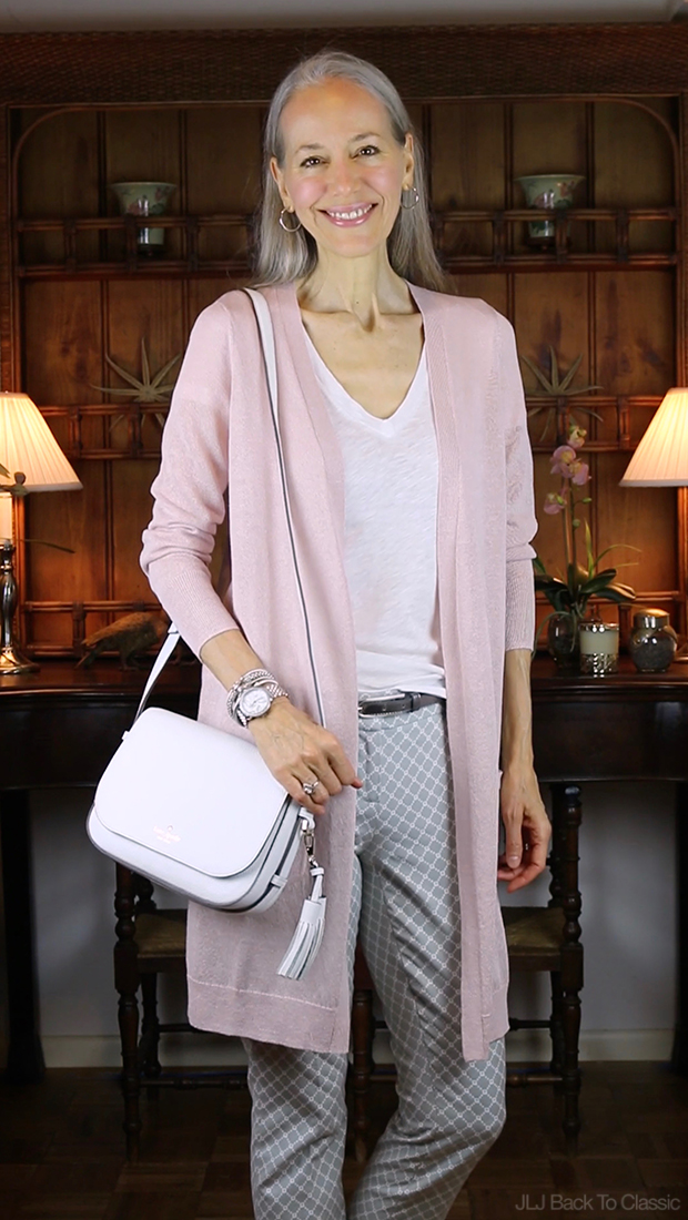 Style-Over-40-Long-Pink-Cardigan-Gray-Pants-Kate-Spade-White-Crossbody
