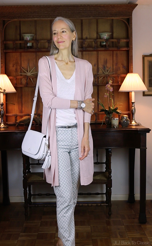 Style-Over-40-Long-Pink-Cardigan-Gray-Pants-Kate-Spade-White-Crossbody