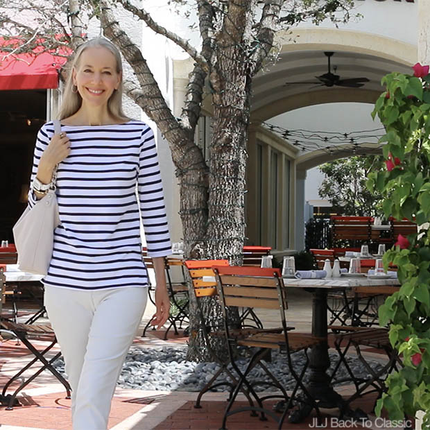 Classic-Style-Over-40-Vlog-Striped-Tee-Chinos-The-French-Brasserie-FL