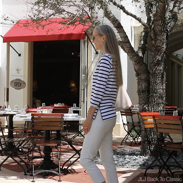 Classic-Style-Over-40-Vlog-Striped-Tee-Chinos-The-French-Brasserie-FL