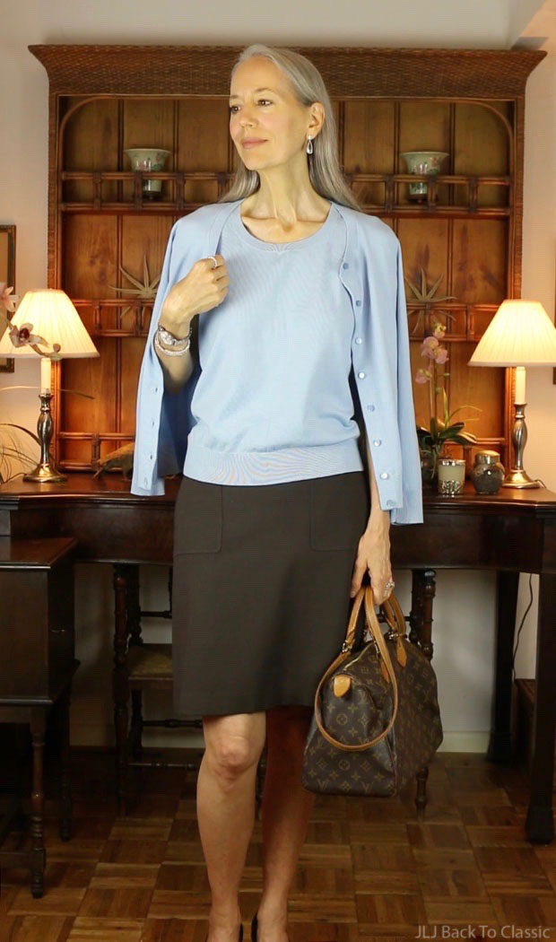 Talbots-Blue-Cardigan-Shell-Brown-Skirt-Louis-Vuitton-Monogram-Canvas-Speedy-30