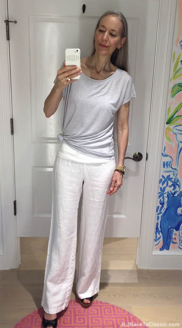 Classic-Fashion-Over-40-Lilly-Pulitzer-Grey-Vandy-Top-White-Linen-Pant