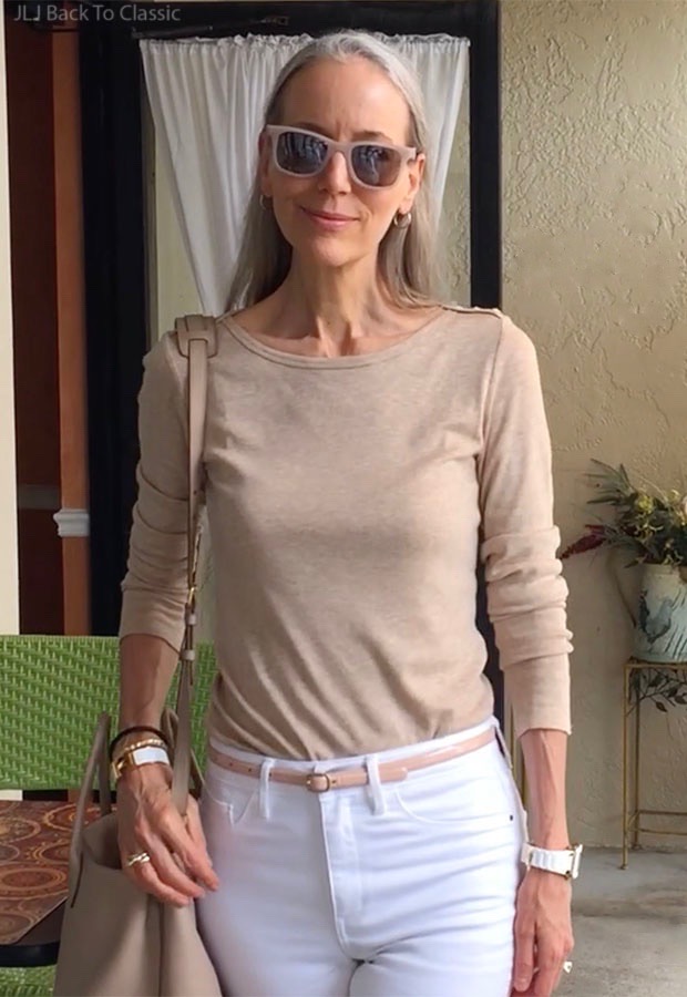 classic-fashion-over-40-Beige-Long-Sleeve-Tee-White-Jeans-Beige-Sunglasses