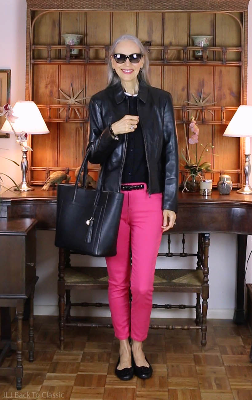 classic-fashion-style-over-40-ann-taylor-black-leather-jacket-pink-jeans