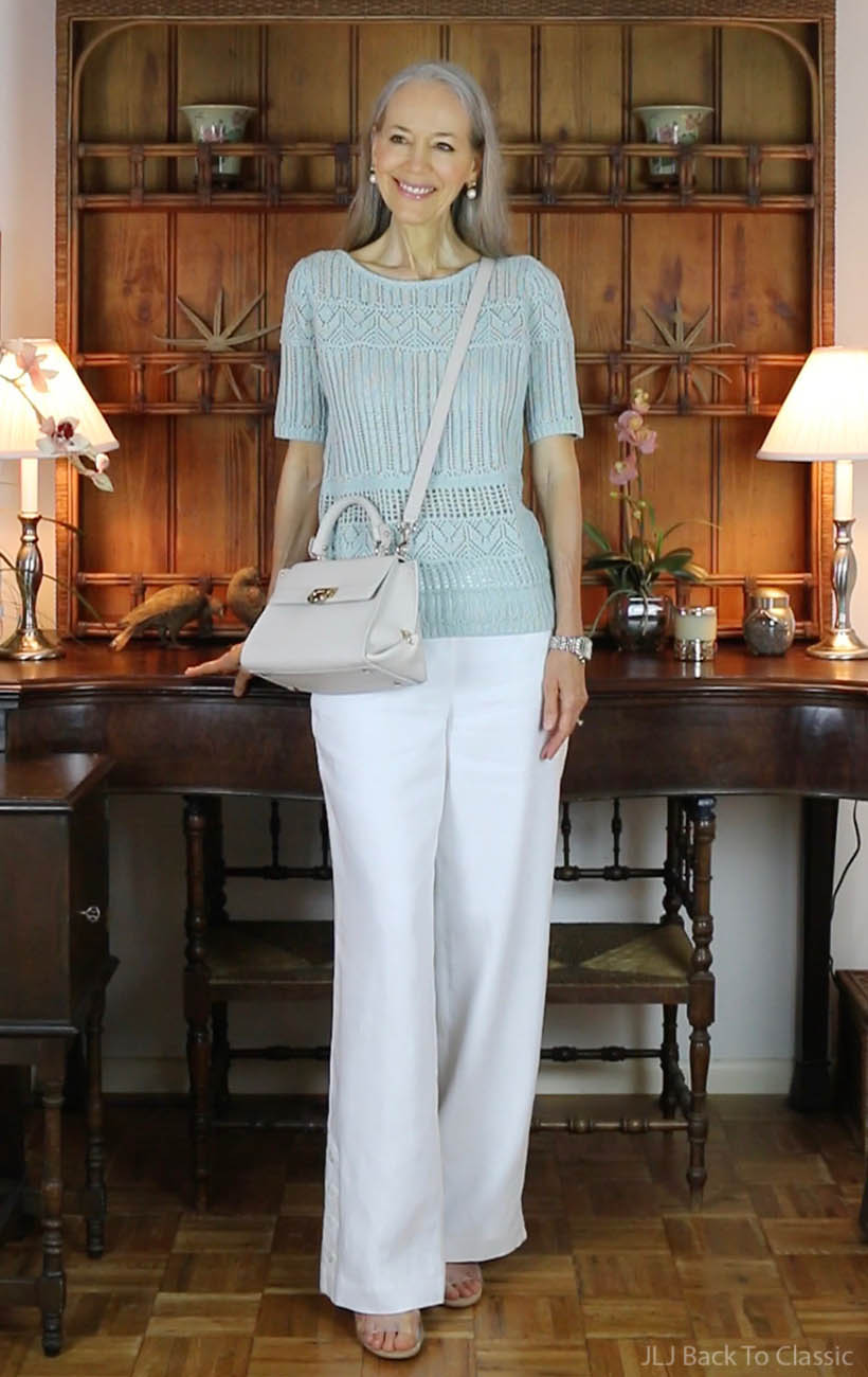 Classic-Fashion-Over-50-Mint-Sweater-White-Palazzo-Pants-Salvatore-Ferragamo-Sofia