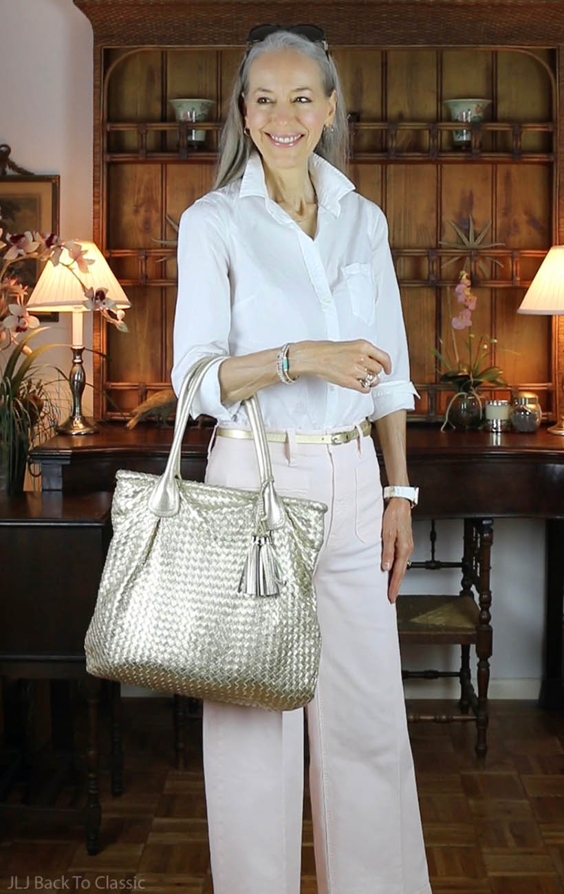 J.Crew-White-Shirt-Pink-Wide-Leg-Cropped-Pants-Gold-Elliott-Lucca-Tote