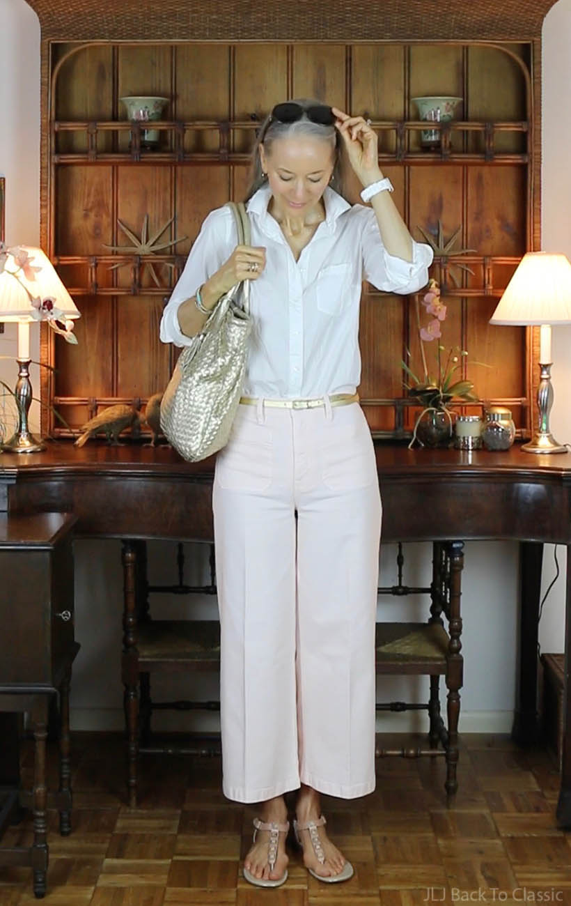 J.Crew-White-Shirt-Pink-Wide-Leg-Cropped-Pants-Gold-Elliott-Lucca-Tote