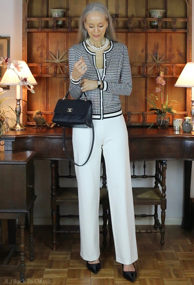 Classic Style: Black Houndstooth Cardigan, Ivory Slim Pants; What’s in ...