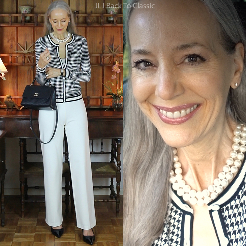Classic Style: Black Houndstooth Cardigan, Ivory Slim Pants; What's in My  Black Chanel Chevron Chic Top-Handle Bag / Fashion Over 40, 50 – JLJ Back  To Classic/