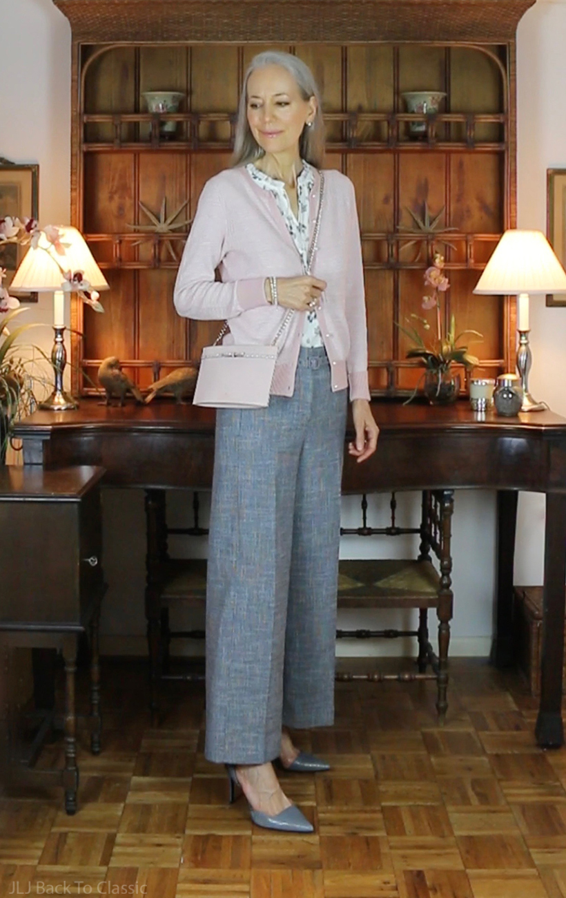classic-fashion-over-50-ann-taylor-blush-cardigan-gray-wide-leg-pants