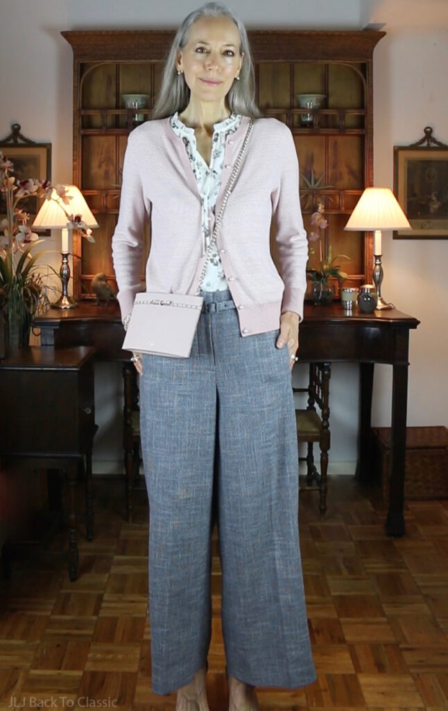 Classic Style: Blush Cardigan, Grey Wide-Leg Pants, Blush Kate Spade ...