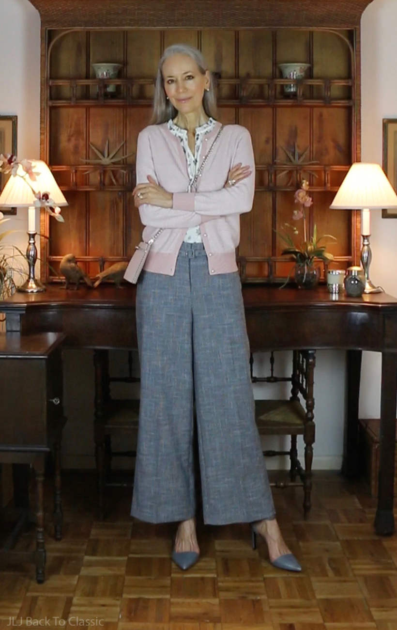 classic-fashion-over-50-ann-taylor-blush-cardigan-gray-wide-leg-pants
