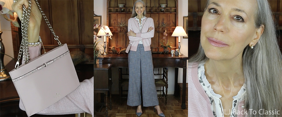 Classic Style: Blush Cardigan, Grey Wide-Leg Pants, Blush Kate