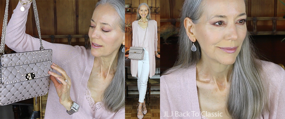 Classic Style: What's In My Valentino Medium Rockstud Spike Bag & Long  Cardigan and Camisole with White Skinny Jeans / Fashion Over 40, 50 – JLJ  Back To Classic/