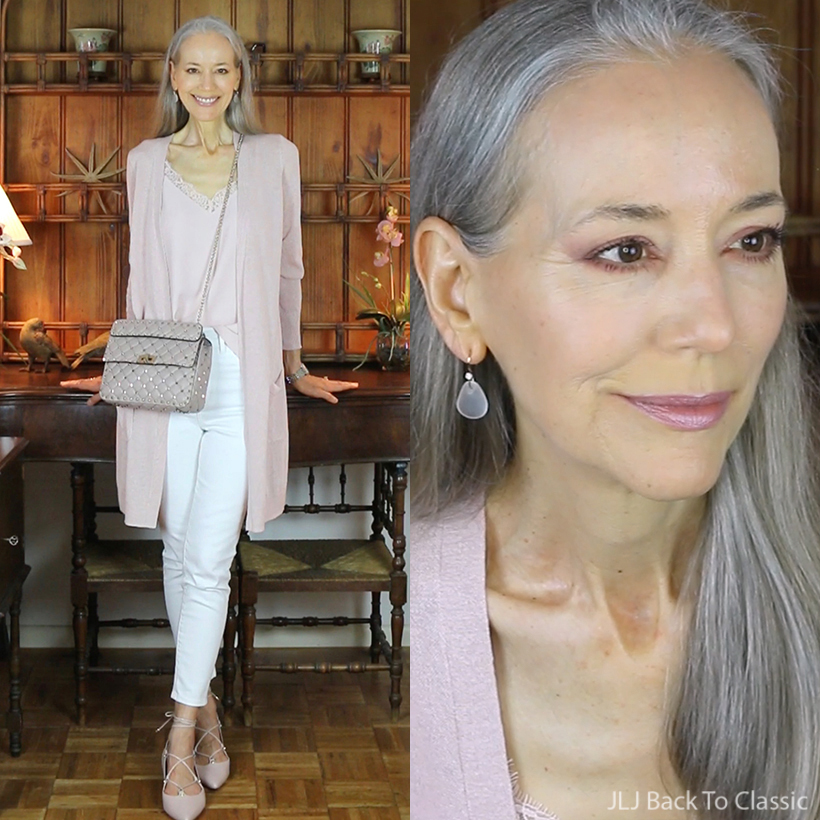 Classic Style: What's My Valentino Medium Rockstud Spike & Long Cardigan and Camisole with White Skinny Jeans / Fashion Over 40, 50 – JLJ Back To Classic/JLJBackToClassic.com